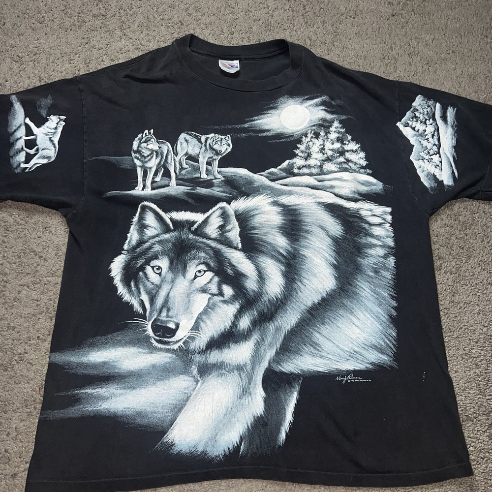 Vintage Nancy‎ Blauers T Shirt Extra 2XL Wolf All Over Print 1994 Single Stitch